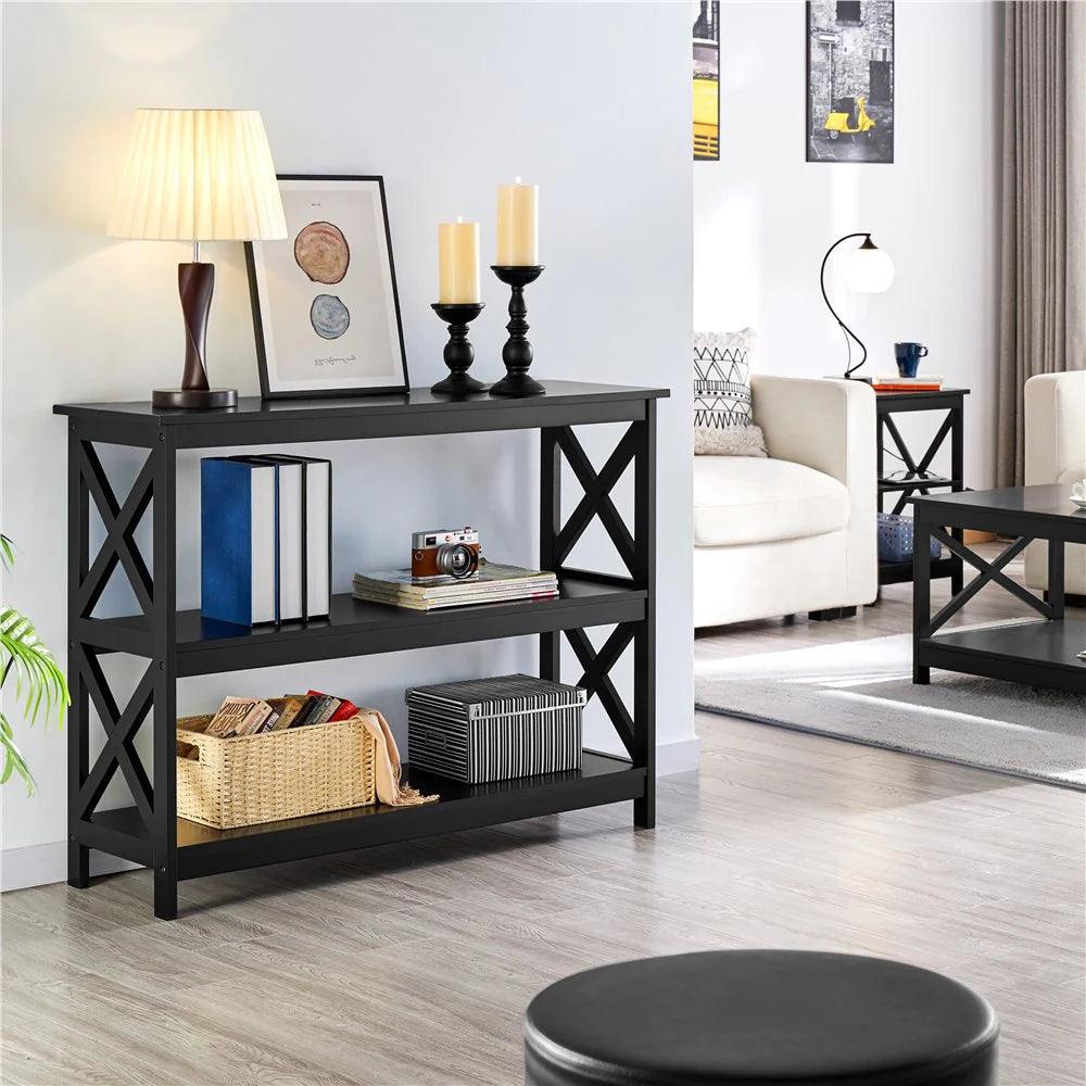3 Tier X-Design Console Table with Storage Shelves – Stylish and Practical Black Accent Table