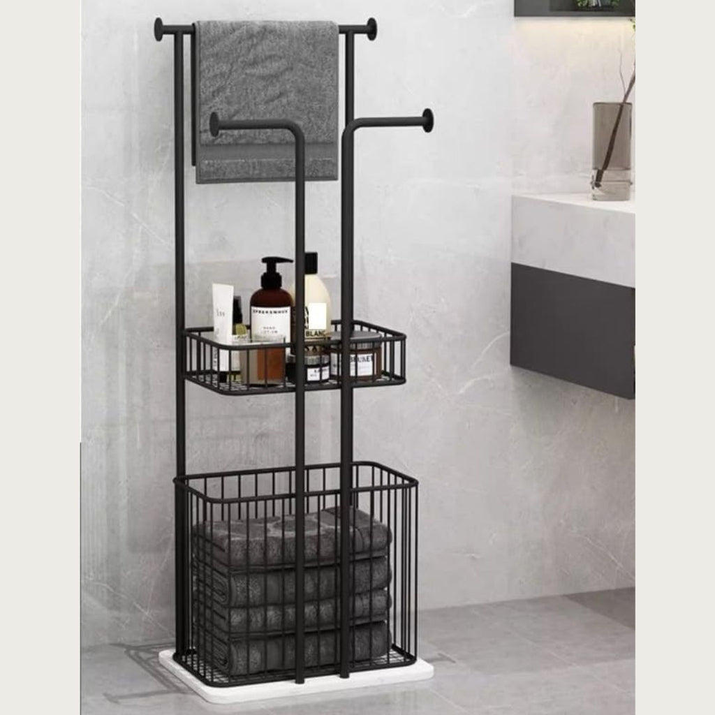 Free Standing Towel Rack with Laundry Hamper Basket Metal Towel Stand