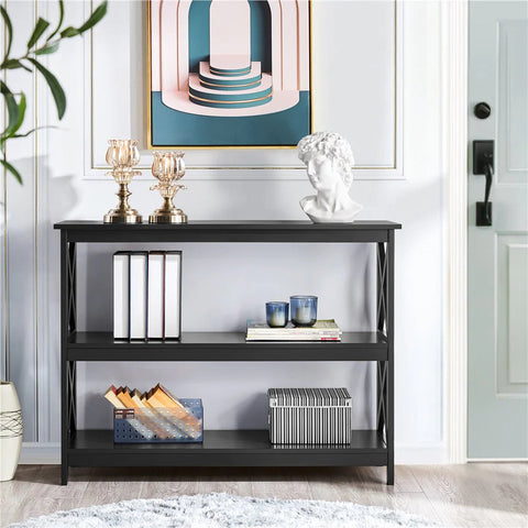 3 Tier X-Design Console Table with Storage Shelves, Black