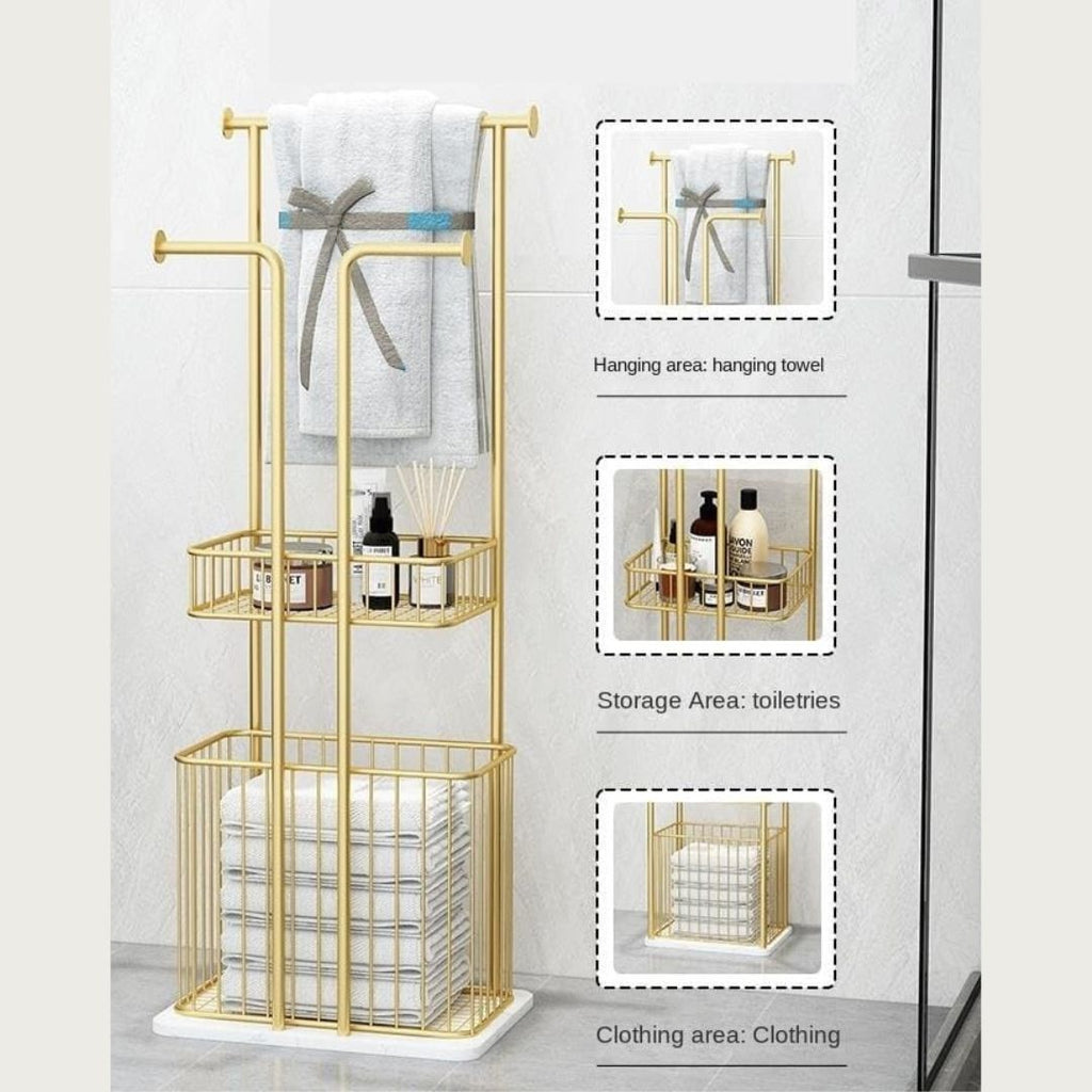 Free Standing Towel Rack with Laundry Hamper Basket Metal Towel Stand
