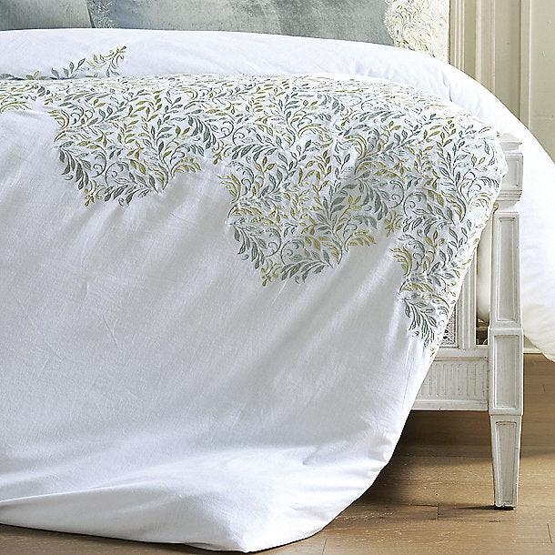 Luxury Green Cotton Satin Embroidery Duvet Set - The Linen House