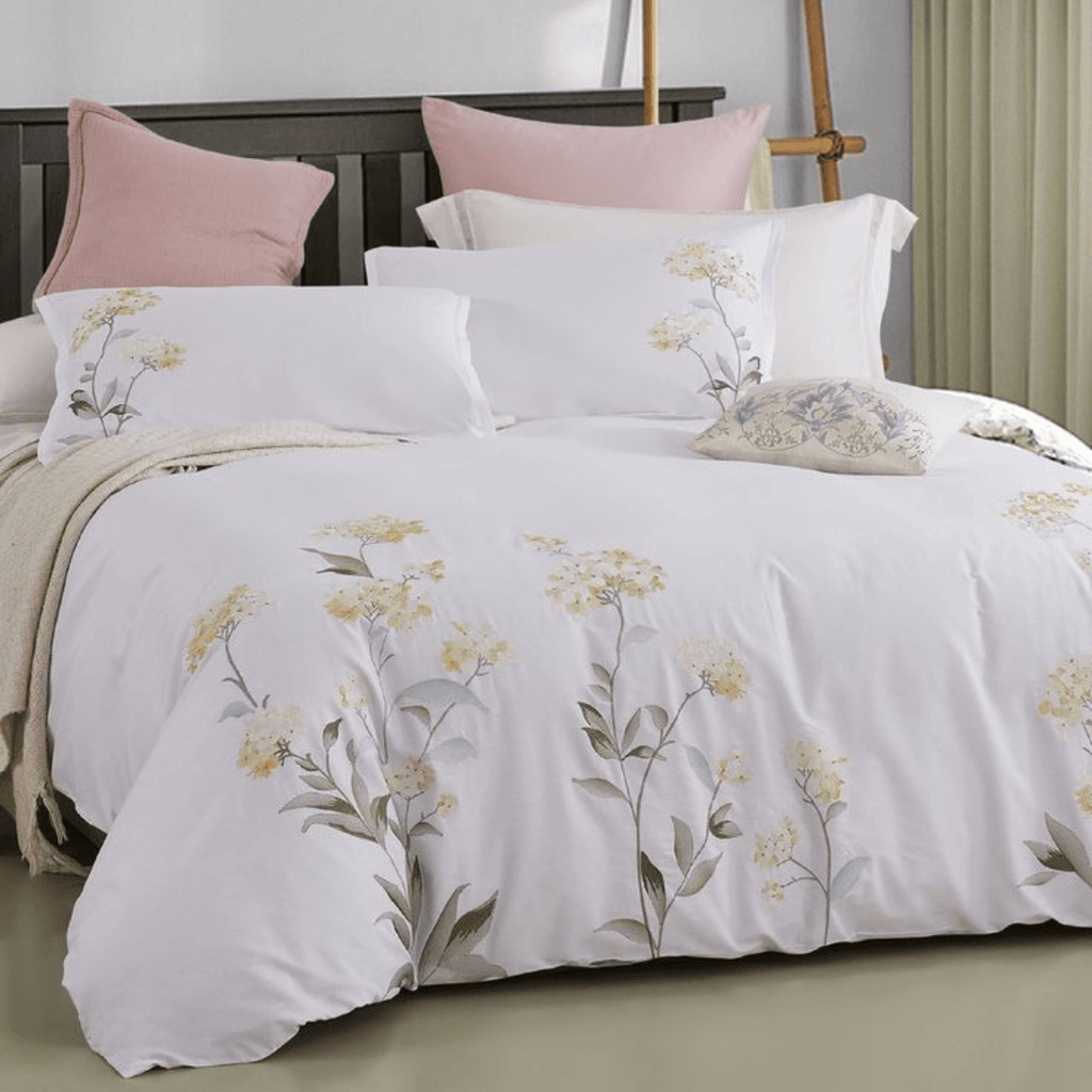 White Flowered Embroidery Duvet Set - The Linen House