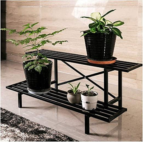 2 Tier Flower Racks Metal Plant Patio Standing Flower Shelf Holder - The Linen House