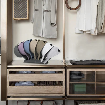 Clothing and accessories displayed in a wardrobe with open drawers and shelves.