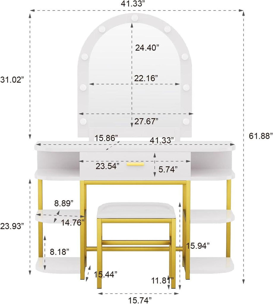 White Vanity Mirror with Lights and Table Set with Drawers – Elegant and Functional Beauty Station