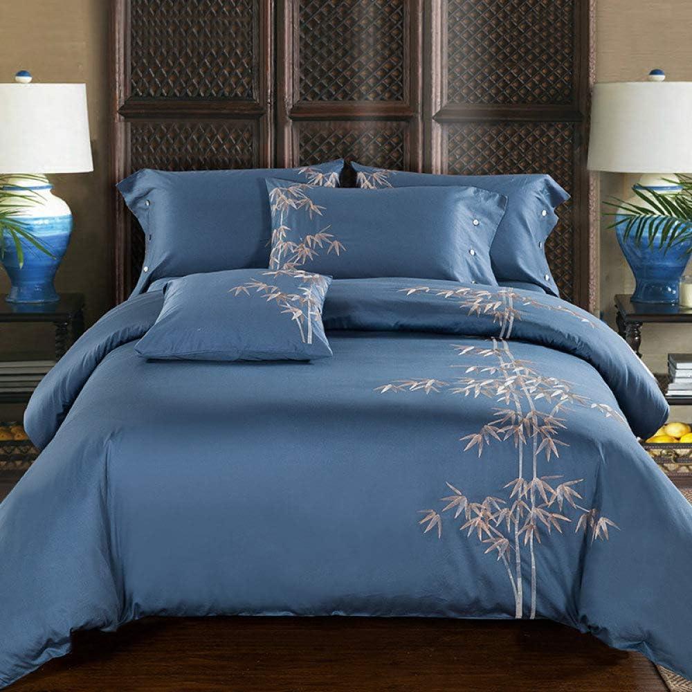 Luxury Blue Cotton Satin Embroidery Duvet Set - The Linen House