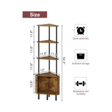 Corner shelf with dimensions and features on a white background