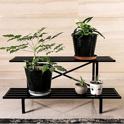 2 Tier Flower Racks Metal Plant Patio Standing Flower Shelf Holder - The Linen House