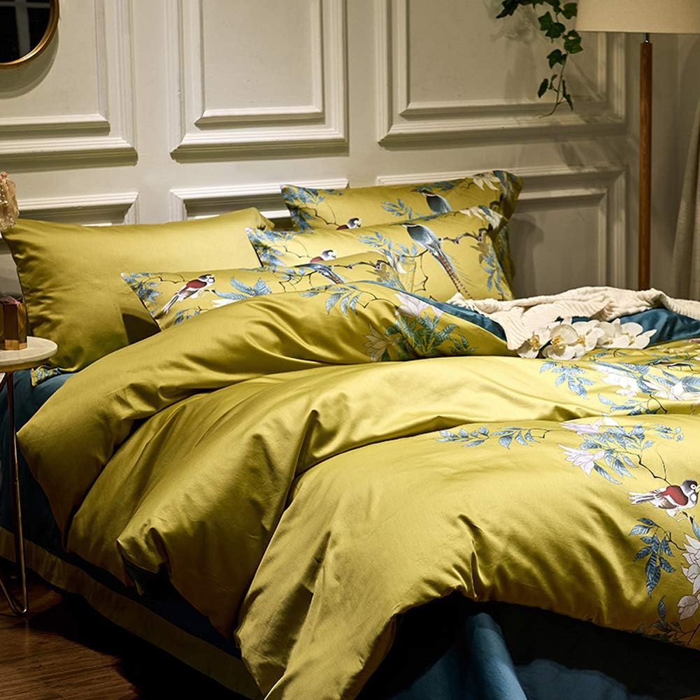 Yellow Chinoiserie Style Birds Flowers Printed Bedding Duvet Set