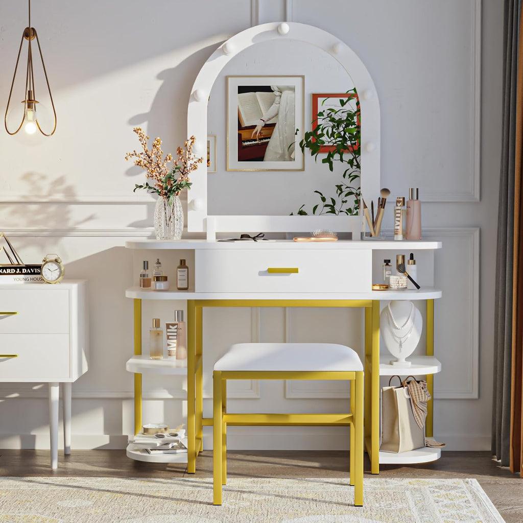 White Vanity Mirror with Lights and Table Set with Drawers – Elegant and Functional Beauty Station