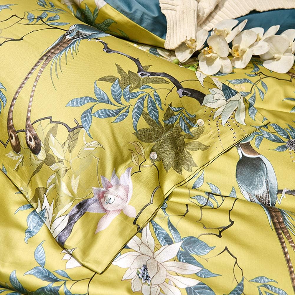 Yellow Chinoiserie Style Birds Flowers Printed Bedding Duvet Set