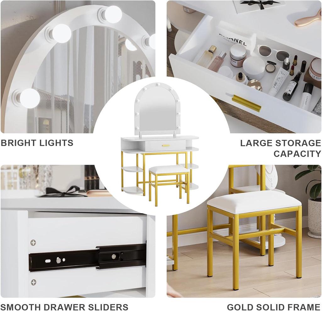 White Vanity Mirror with Lights and Table Set with Drawers – Elegant and Functional Beauty Station