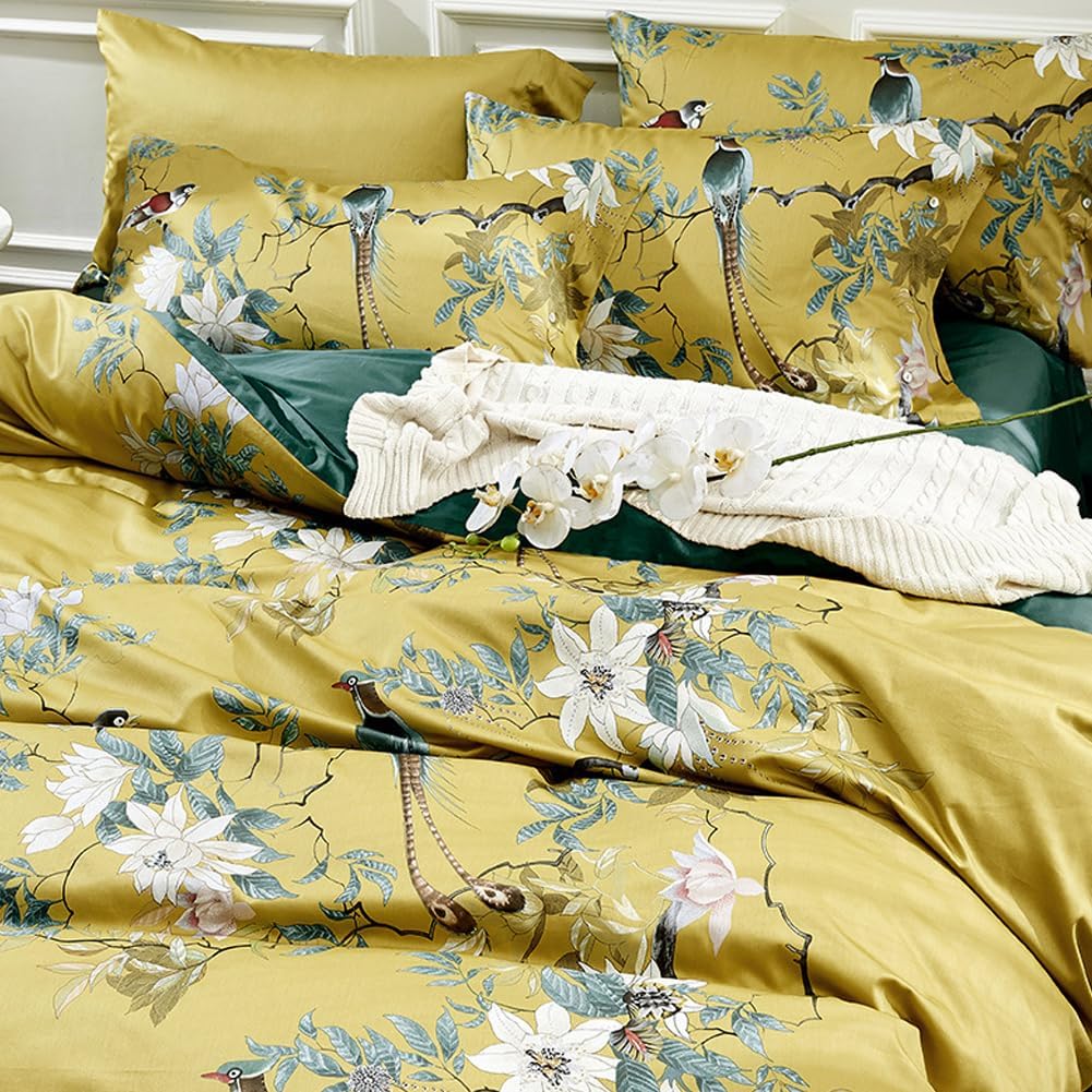 Yellow Chinoiserie Style Birds Flowers Printed Bedding Duvet Set