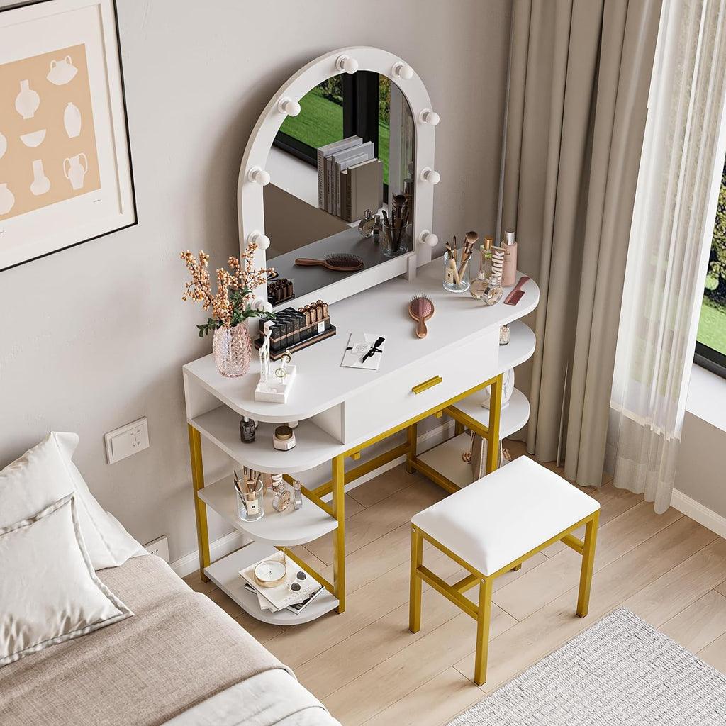 White Vanity Mirror with Lights and Table Set with Drawers – Elegant and Functional Beauty Station