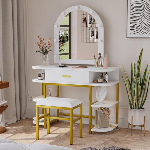 White Vanity Mirror with Lights and Table Set with Drawers – Elegant and Functional Beauty Station