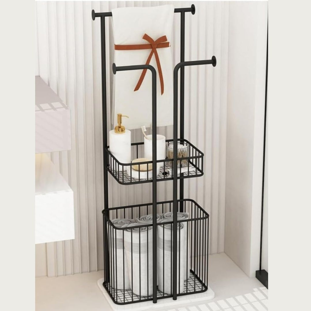 Free Standing Towel Rack with Laundry Hamper Basket Metal Towel Stand