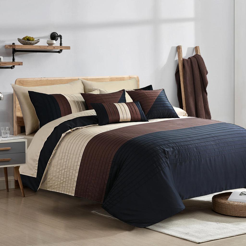 Luxury pleated Duvet Set (Blue with brown) - The Linen House