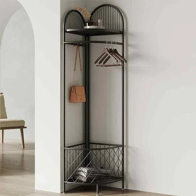 Corner clothing rack with storage basket