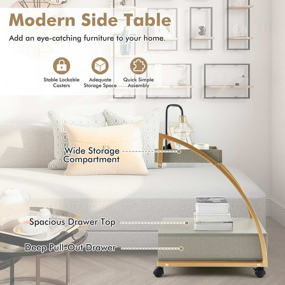 Costway Rolling End Table with Storage Drawer Tray