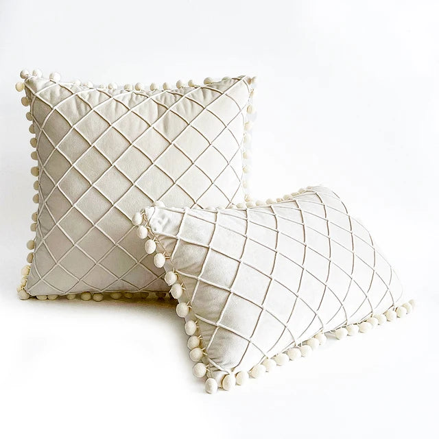 Pintuck Cushion Cover with pom pom lace - The Linen House