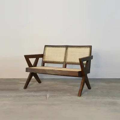 Wood Rattan Cane 2 Seater Sectional Sofa for Living Room