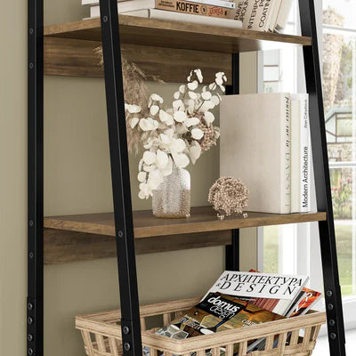 Bookshelf with wooden shelves, black metal frame, and decorative items including books and a vase.
