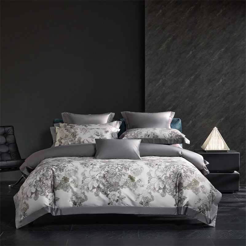 Grey Flowers Digital Printing Bedding Duvet Set