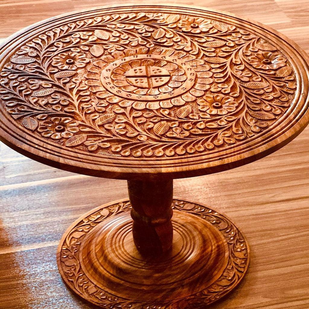 Wooden Round Coffee table Hand Carving - The Linen House