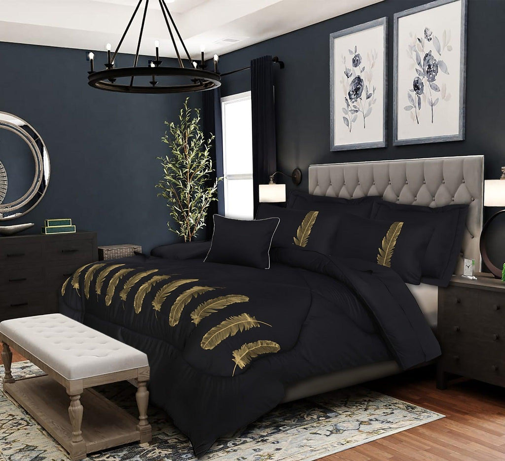 Gold Feather Embroidered Comforter- King - The Linen House