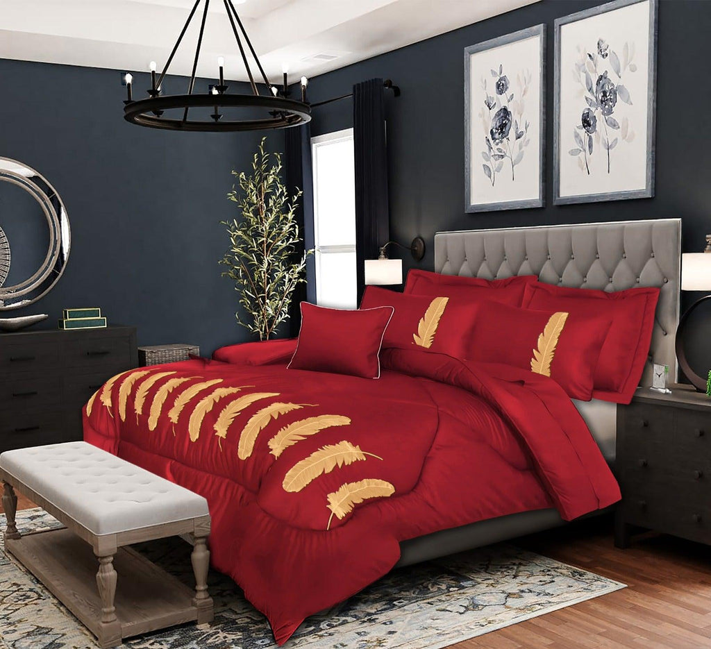 Gold Feather Embroidered Comforter- King - The Linen House