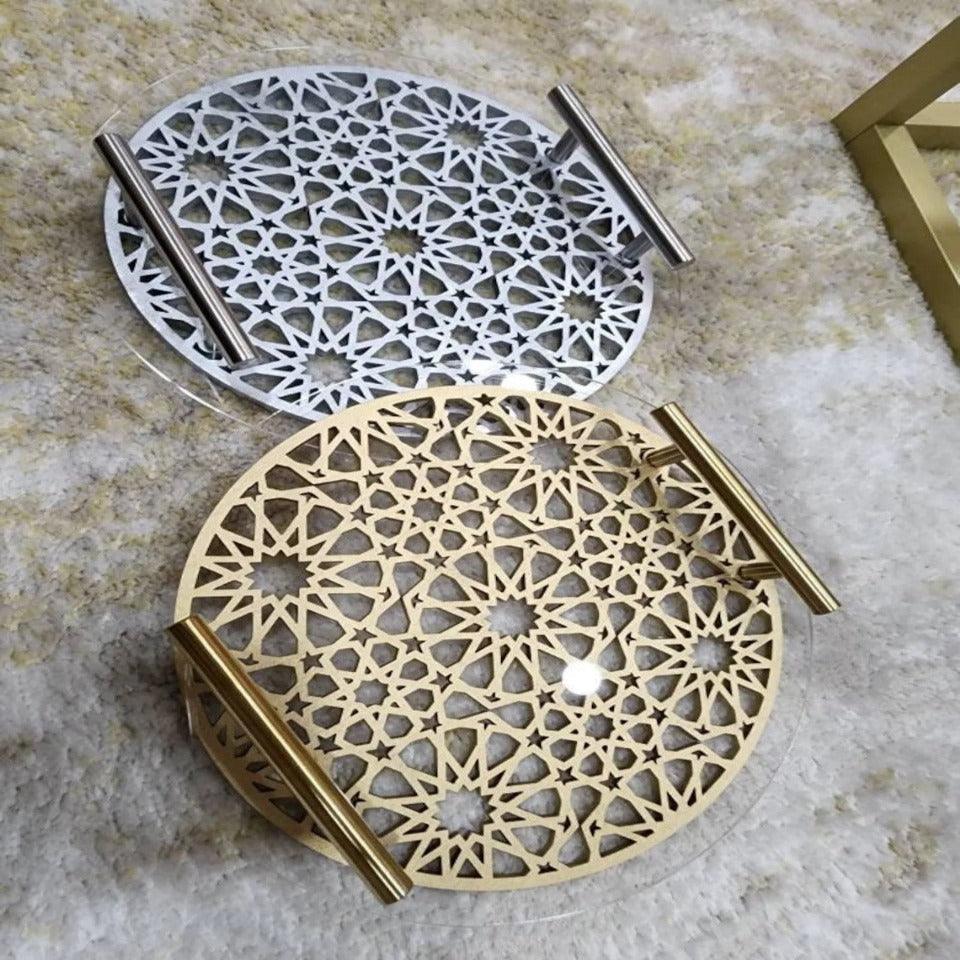Islamic Pattern Wooden Sweets Tray With Acrylic Top - Gold/Silver - The Linen House