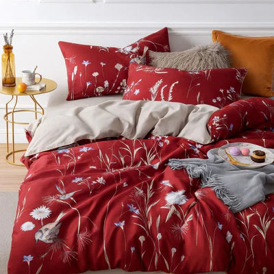 Mixini Red Floral & Birds Printed Bedding Duvet Set – Bold & Timeless Design