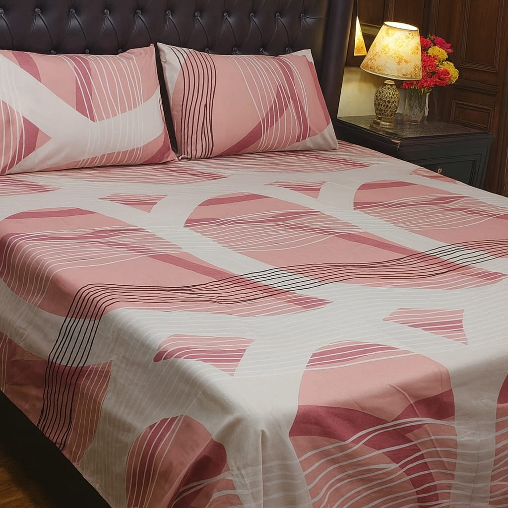 Pink and White Geometric Print Cotton Bedsheet