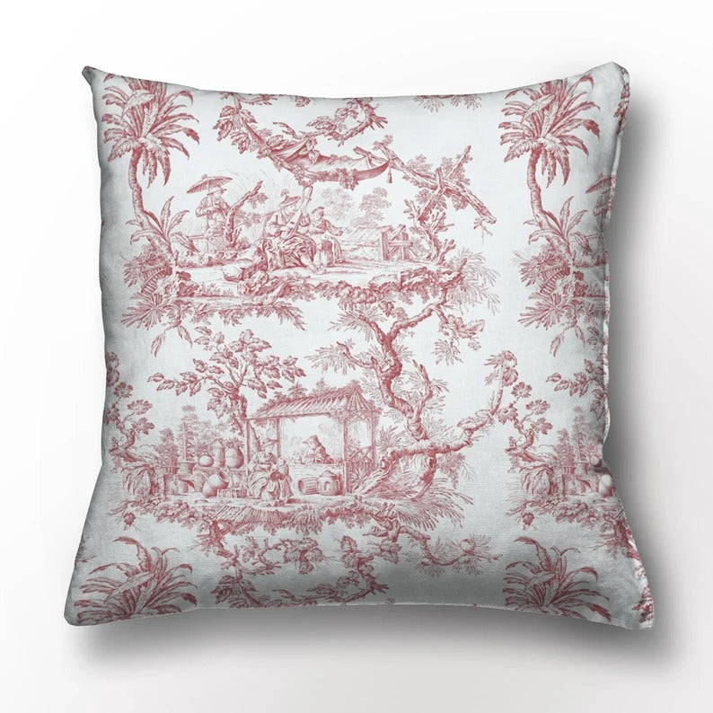Red and White Classic Toile Decorative Cushion