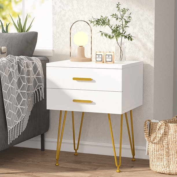 Tribesigns 2-Drawer White and Gold Nightstand - The Linen House