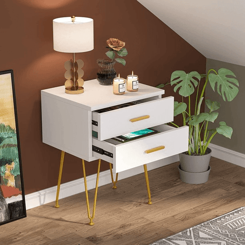 Tribesigns 2-Drawer White and Gold Nightstand - The Linen House