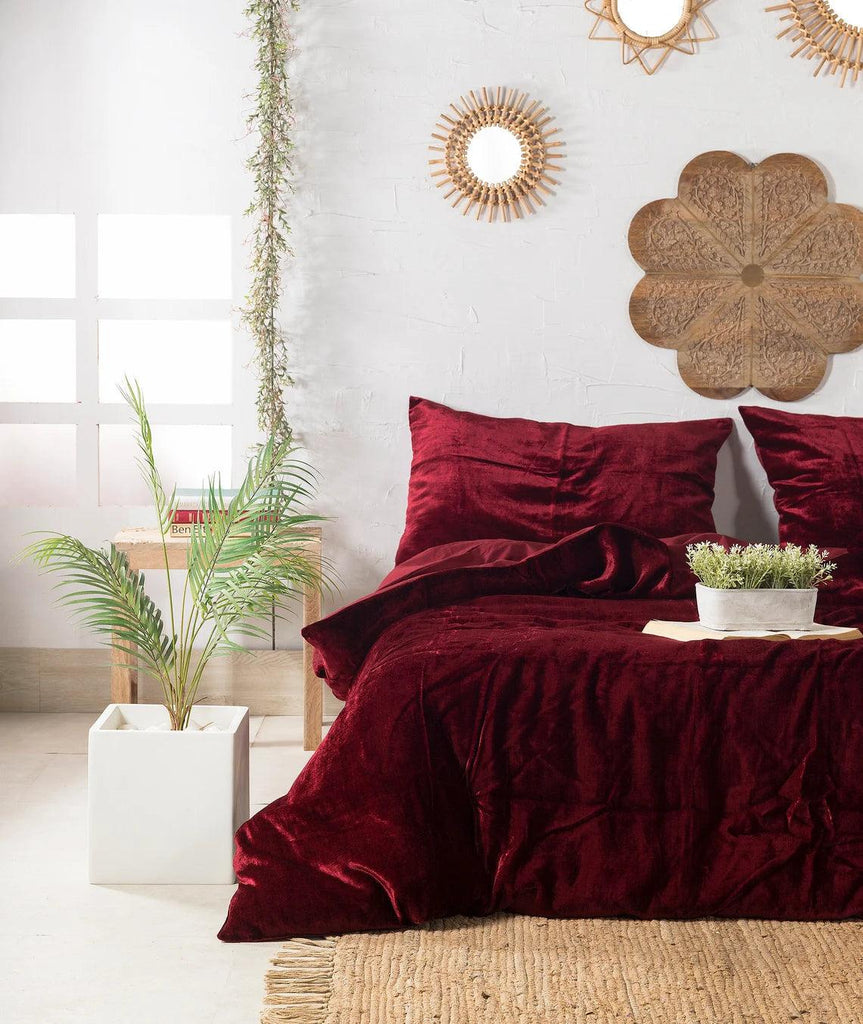 Plain Velvet Duvet Set Maroon - The Linen House