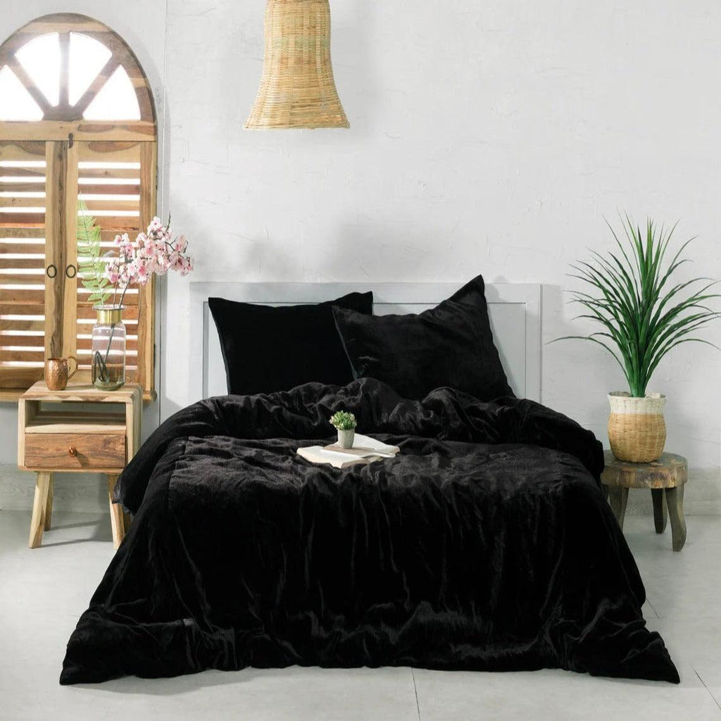 Plain Velvet Duvet Set Black - The Linen House