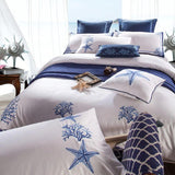 New Luxury White with Blue Embroidered Duvet - The Linen House