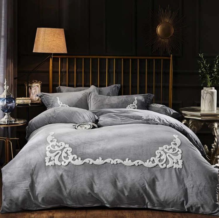 Ruffle Embroidery Velvet Grey - The Linen House