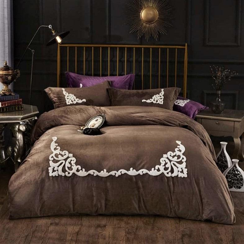 Ruffle Embroidery Velvet Brown - The Linen House