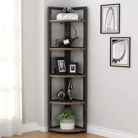 Brown Wood and Metal Frame Corner Shelf – Stylish and Space-Saving Storage Solution