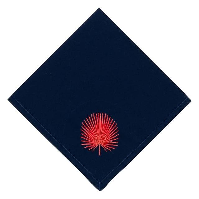 Navy Mat & Napkin With Coral Fan Leaf Embroidery - The Linen House