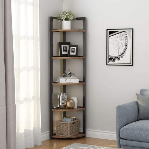 Brown Wood and Metal Frame Corner Shelf – Stylish and Space-Saving Storage Solution