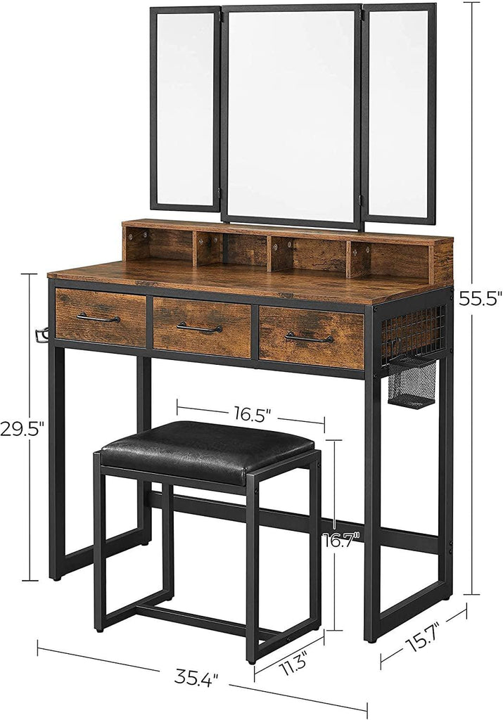 Vanity Table with Upholstered Stool Set, Dressing Table Desk, Makeup Table with Tri-Fold Mirror - The Linen House