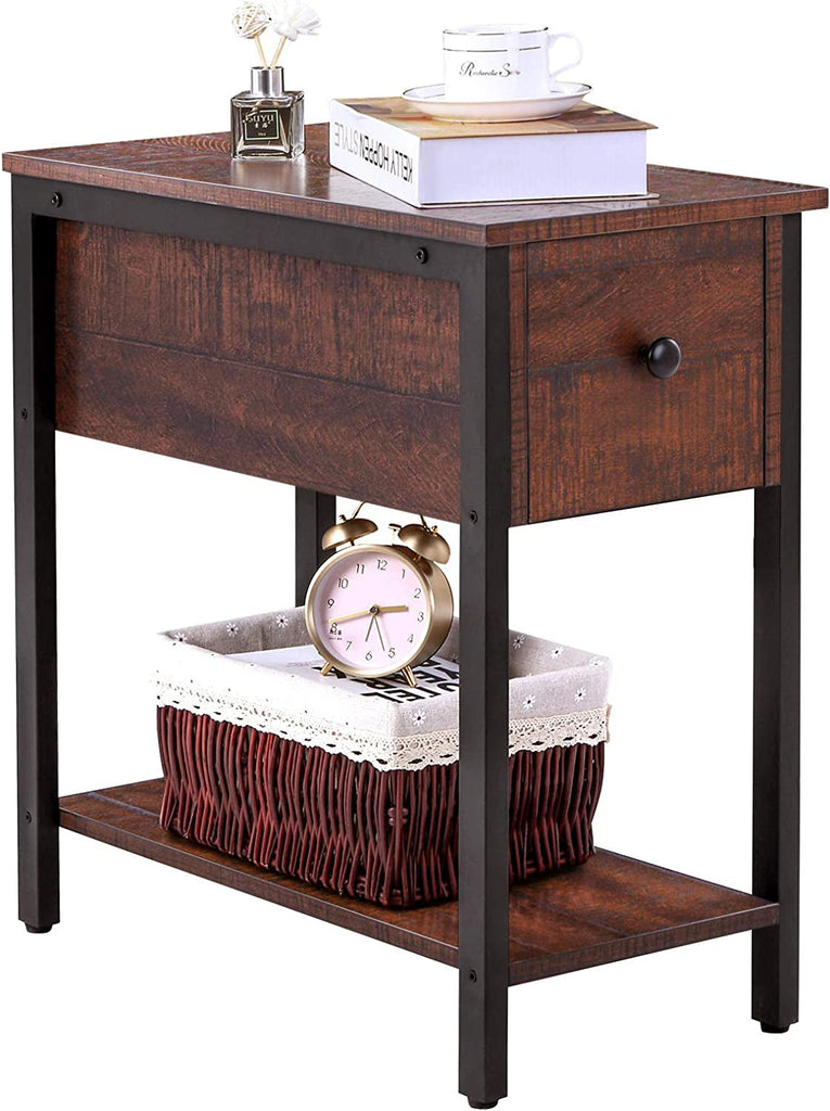 Side Table, 2-Tier Nightstand with Drawer, Narrow End Table for Small Spaces - The Linen House
