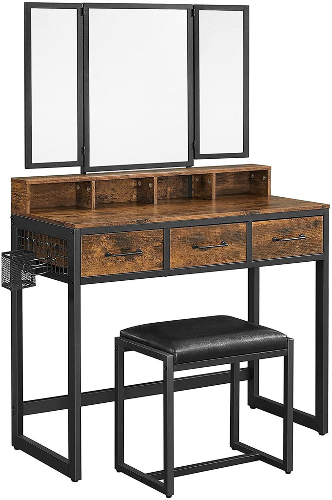 Vanity Table with Upholstered Stool Set, Dressing Table Desk, Makeup Table with Tri-Fold Mirror - The Linen House