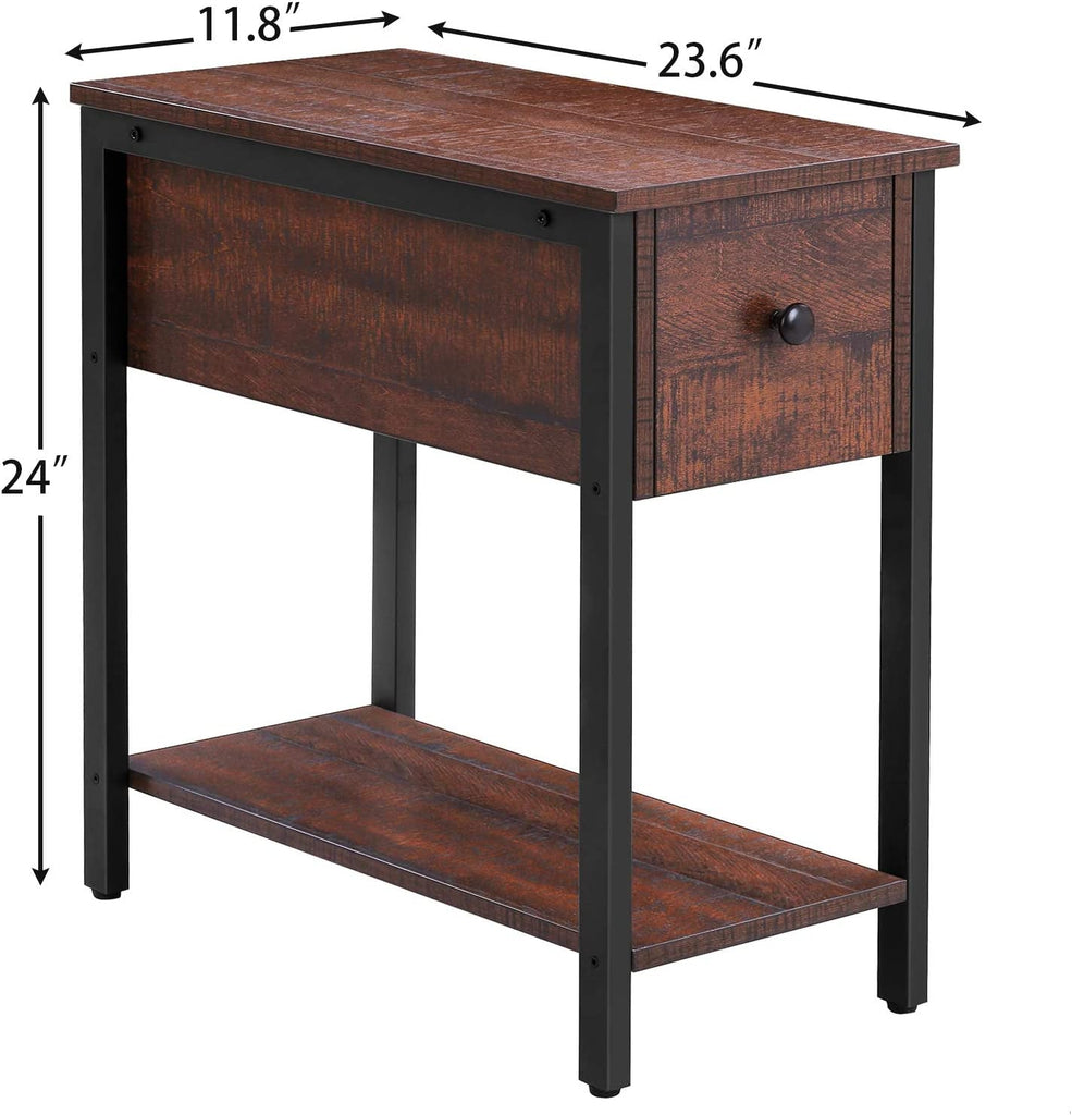 Side Table, 2-Tier Nightstand with Drawer, Narrow End Table for Small Spaces - The Linen House