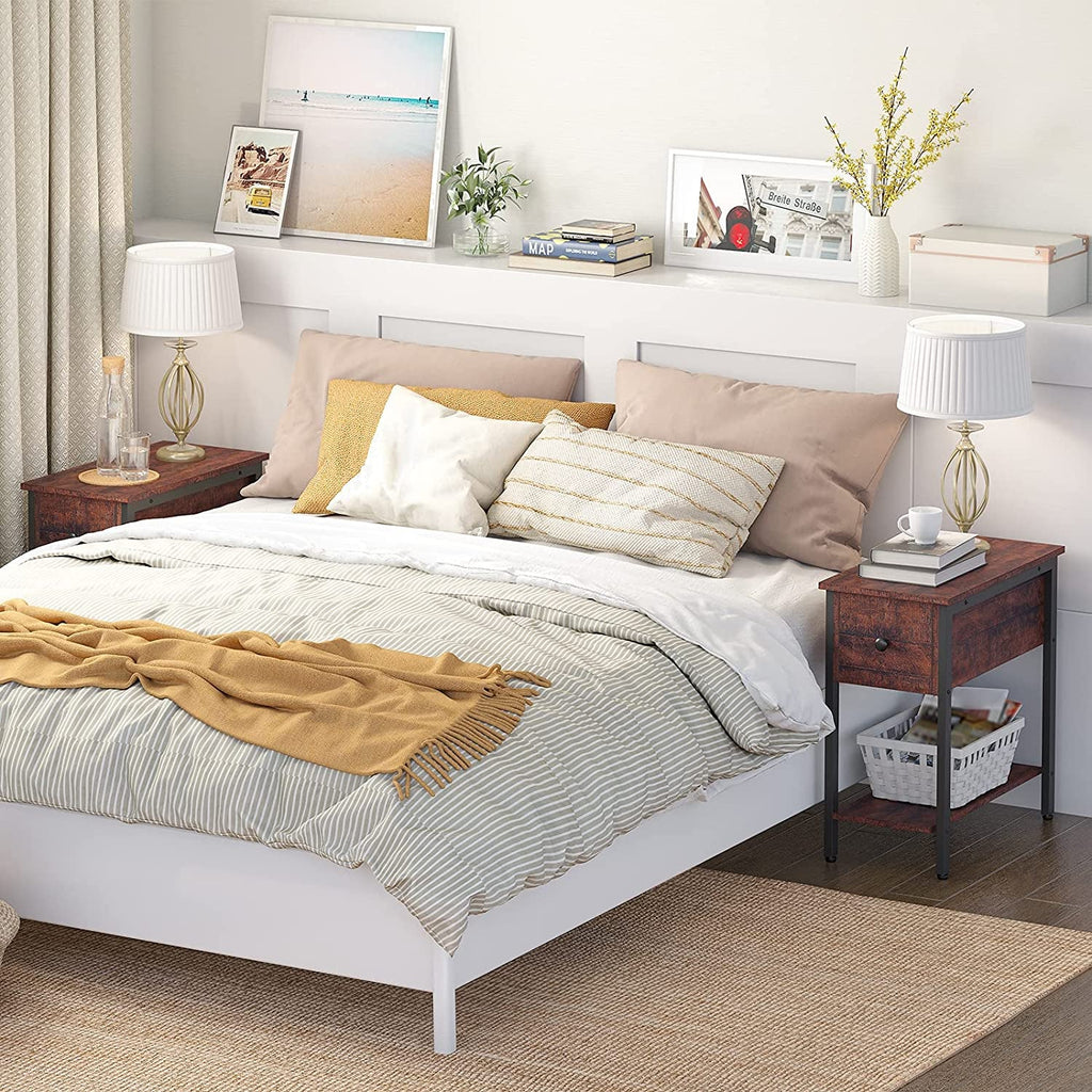 Side Table, 2-Tier Nightstand with Drawer, Narrow End Table for Small Spaces - The Linen House