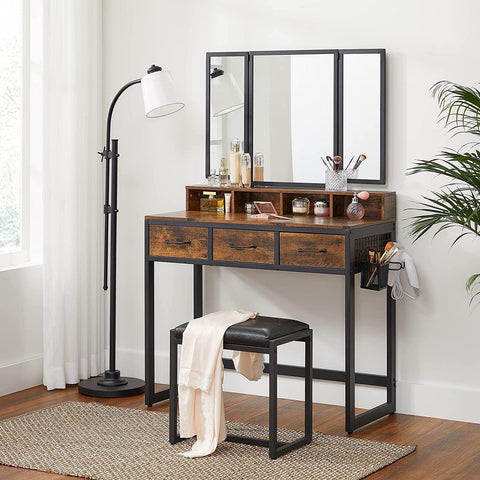 Vanity Table with Upholstered Stool Set, Dressing Table Desk, Makeup Table with Tri-Fold Mirror - The Linen House
